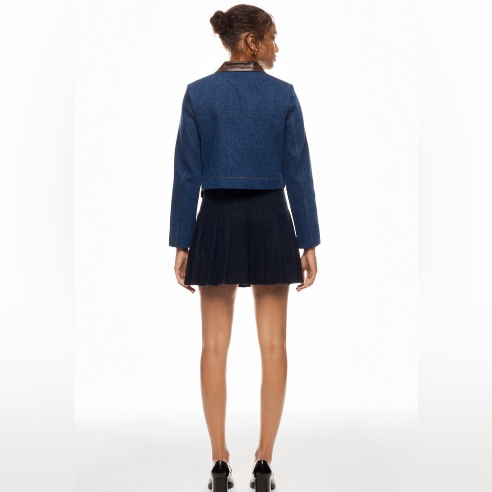 Sandro Blue Cropped Jacket with Brown Collar - Picture 4 of 11